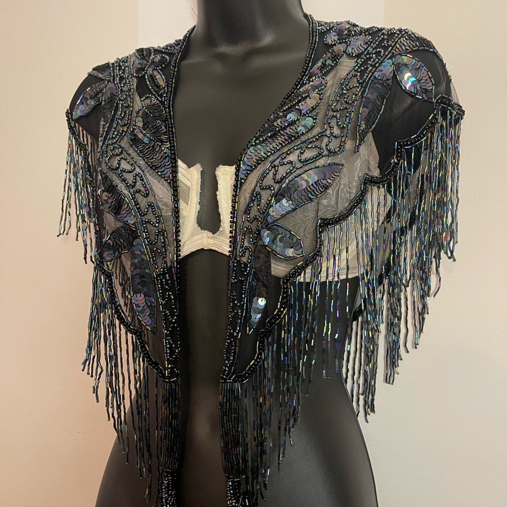 **SOLD** Black and Silver Beaded Fringe Shawl